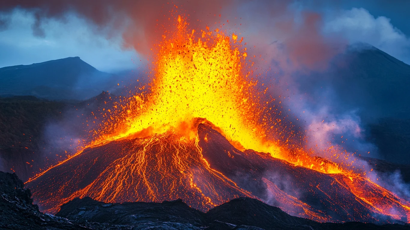 Władze wprowadziły ograniczenia dla turystów i przewodników po serii erupcji wulkanu na Sycylii Erupcja wulkanu z intensywnie wyrzucaną lawą i żarzącymi się odłamkami, otoczona ciemnymi wzgórzami i strumieniami rozgrzanej magmy spływającymi po zboczach.