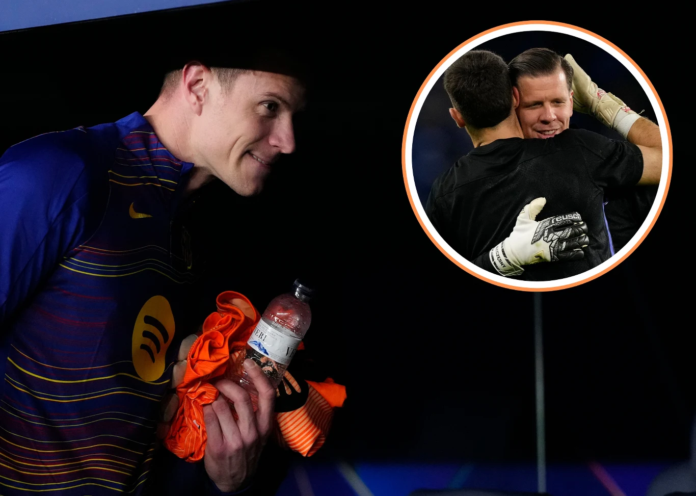 Na zdjęciu bramkarze FC Barcelona: Marc-Andre ter Stegen, Joan Garcia oraz Wojciech Szczęsny Piłkarz ubrany w sportowy strój trzyma ręcznik i butelkę wody, uśmiecha się lekko, po lewej stronie w okręgu widoczna scena przyjacielskiego uścisku dwóch innych osób, z czego jeden nosi rękawice bramkarskie.