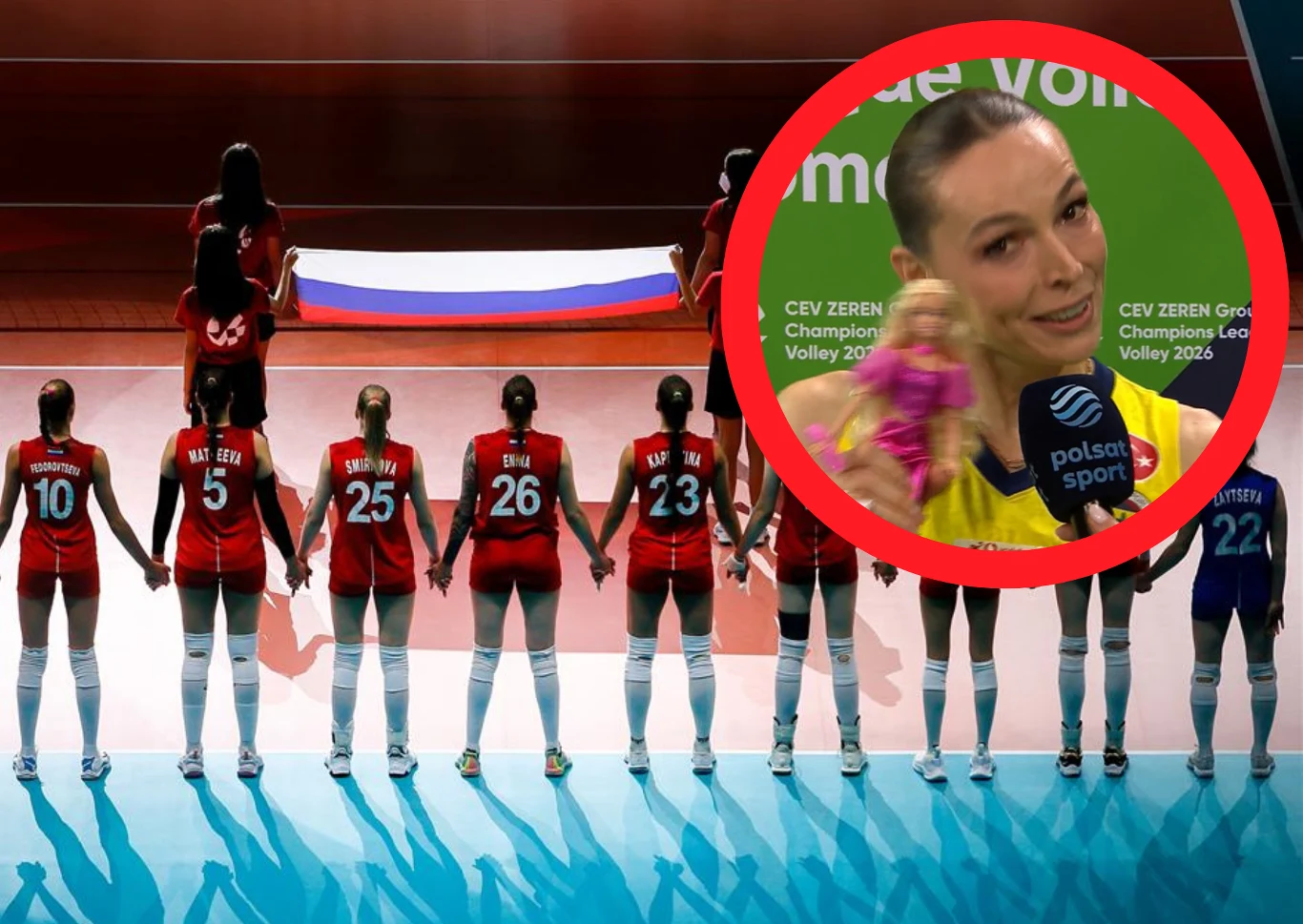 Eda Erdem wsparła Arinę Fiedorowcewą, Rosjankę, która nie otrzymała pozwolenia na wjazd do Polski Drużyna siatkówki kobiet stoi w szeregu na boisku, trzymając się za ręce, przed nimi leży flaga Rosji, a w rogu widoczne jest przybliżenie twarzy zawodniczki udzielającej wywiadu.