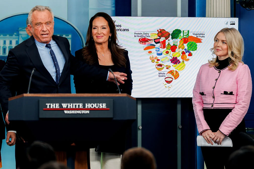 Amerykański sekretarz ds. zdrowia Robert F. Kennedy Jr. Trzy osoby stoją przy podium w sali konferencyjnej Białego Domu, za nimi ekran z grafiką przedstawiającą zalecenia żywieniowe dotyczące proporcji żywności.