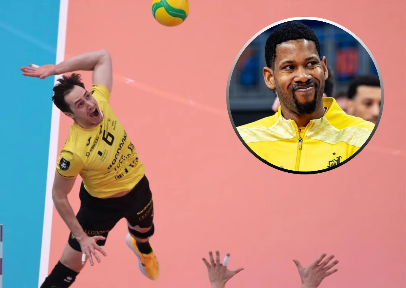 Siatkarz w żółtym stroju wykonuje dynamiczny atak na boisku siatkarskim, podczas gdy w okrągłym wstawionym kadrze widoczny jest uśmiechnięty mężczyzna również w żółtym ubraniu. W dolnej części zdjęcia widoczne są dłonie przeciwnika próbujące zablokować...