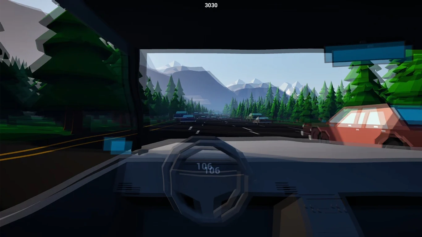 Drunk Driving Simulator Widok z wnętrza samochodu podczas jazdy przez górski, zalesiony teren, z widoczną drogą, innymi pojazdami oraz otaczającą przyrodą w stylu grafiki komputerowej.