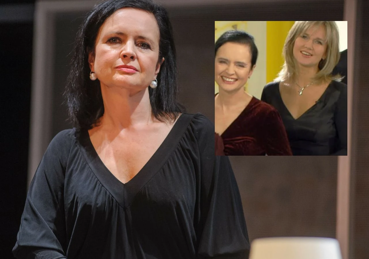 Kobieta z ciemnymi włosami i perłowymi kolczykami w czarnej sukni z głębokim dekoltem patrzy poważnie w kierunku aparatu. W prawym górnym rogu znajduje się wstawka ze zdjęciem dwóch uśmiechniętych kobiet w eleganckich sukienkach stojących obok siebie.