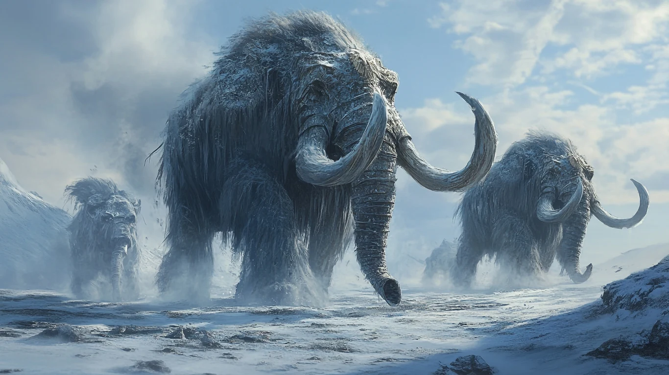 Przyczyna wymarcia mamutów wciąż budzi dyskusje Trzy mamuty włochate maszerujące przez zaśnieżony, lodowy krajobraz pod pochmurnym niebem. Potężne sylwetki pokryte grubą sierścią, wyraźnie widoczne długie, zakrzywione ciosy. W tle rozległe, zimowe pustkowie z dużą ilością śniegu i lodu.