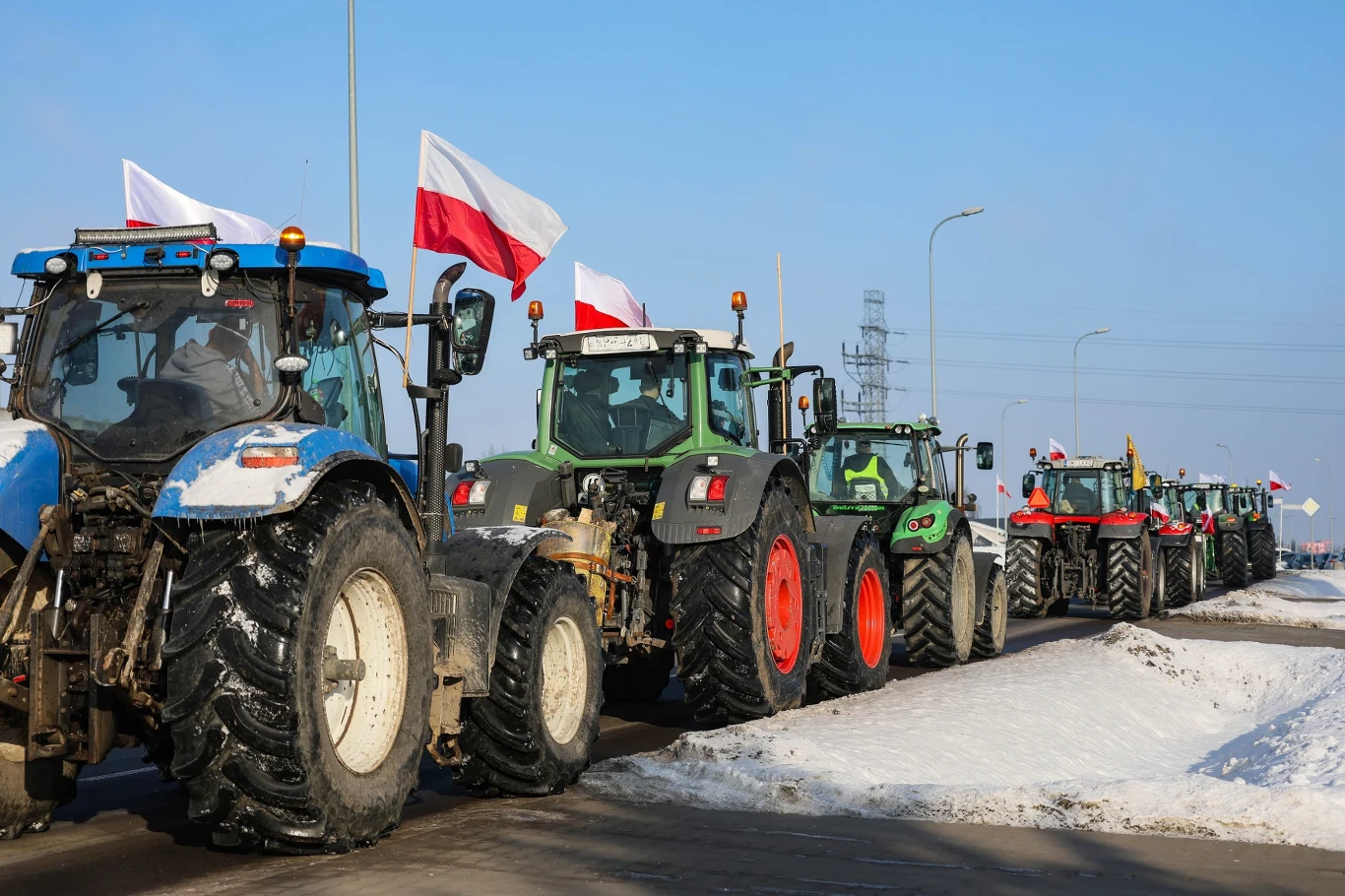 Rolnicy protestujący przeciwko umowie z Mercosurem Kolumna traktorów z polskimi flagami jadących wzdłuż zaśnieżonej drogi, przy jasnym niebie, uczestniczących w zorganizowanym przejeździe lub proteście rolników.