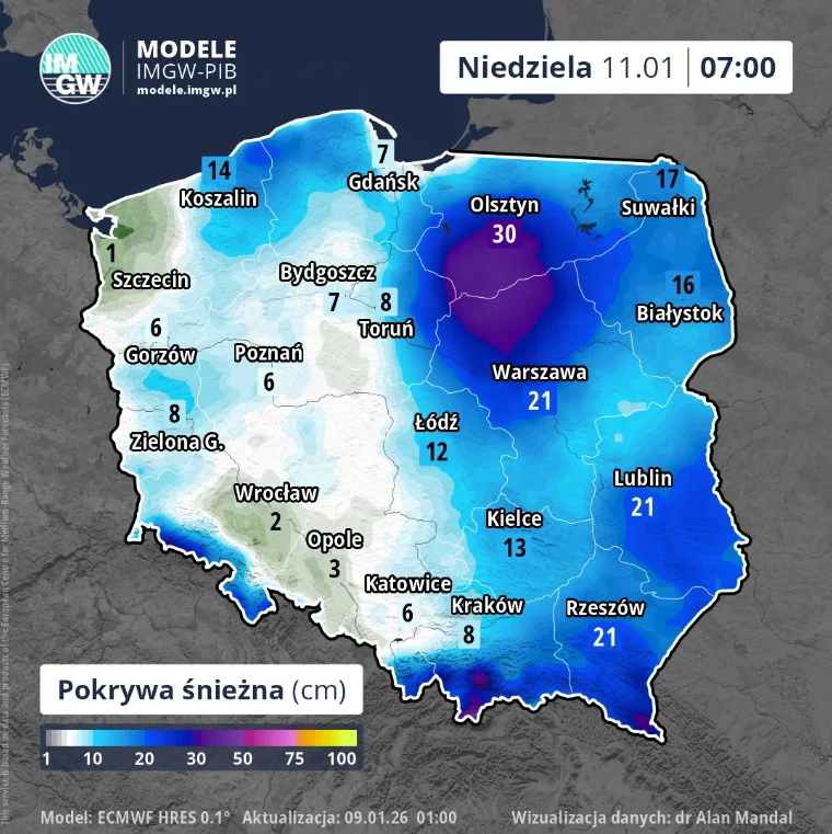 Mapa Polski z prognozą pokrywy śnieżnej na niedzielę, 11 stycznia o godzinie 7:00, z zaznaczonymi różnymi wartościami grubości śniegu w centymetrach dla poszczególnych miast i regionów, gdzie najwięcej śniegu przewidywane jest w okolicach Olsztyna.
