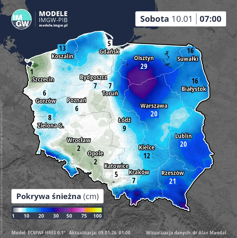 Mapa Polski prezentująca prognozowaną pokrywę śnieżną w centymetrach na sobotę 10 stycznia o godzinie 7:00 rano, z największym nagromadzeniem śniegu w okolicach Olsztyna oraz stopniowo malejącymi wartościami w kierunku zachodnim kraju.