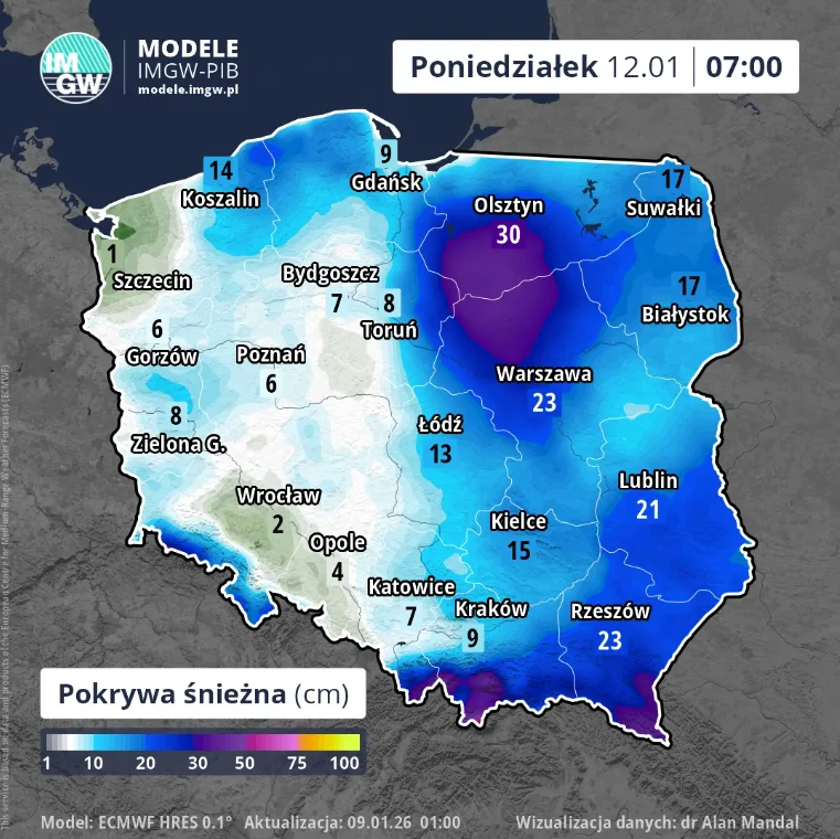 Mapa Polski z oznaczonymi wartościami pokrywy śnieżnej w centymetrach. Największe nagromadzenie śniegu występuje w północno-wschodniej części kraju, szczególnie w rejonie Olsztyna, gdzie pokrywa śnieżna osiąga 30 cm. W innych regionach wartości są niżs...
