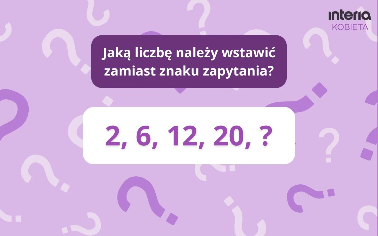 Prosta zagadka matematyczna. Uda ci się ją rozwiązać? Grafika z matematyczną łamigłówką liczbową w formie ciągu 2, 6, 12, 20, gdzie należy uzupełnić brakującą liczbę. W tle dominują znaki zapytania na fioletowym tle, a u góry pytanie zachęcające do rozwiązania zagadki.