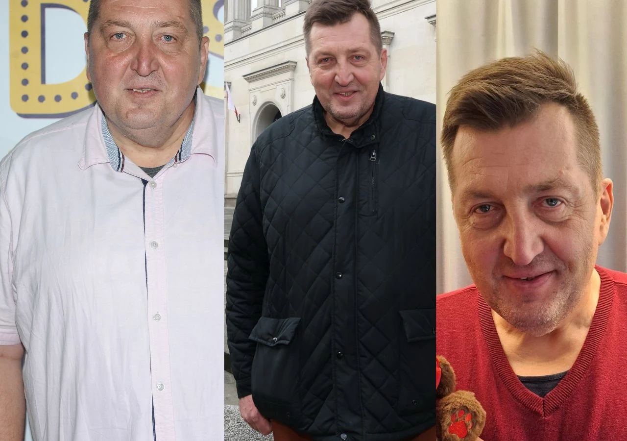 Adam Kraśko z "Rolnik szuka żony" w 2023 (pierwsze z lewej) i w 2025 roku Trzy ujęcia mężczyzny w różnym wieku i w różnych miejscach, ubrany kolejno w jasną koszulę, czarną pikowaną kurtkę oraz bordowy sweter, ukazane w kolażu podkreślającym zmiany wyglądu.