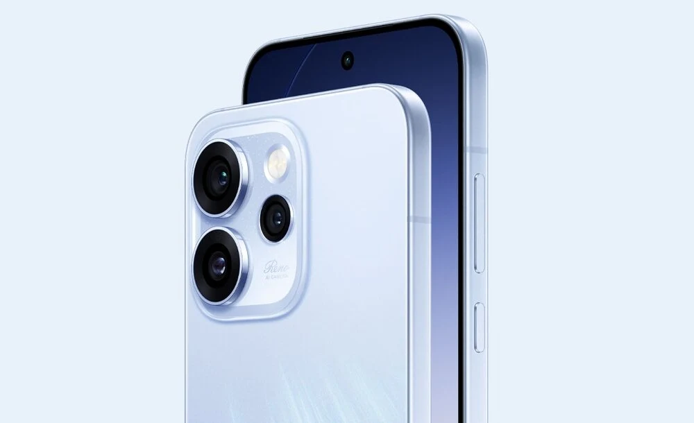 Nowoczesny smartfon w białym kolorze z wyraźnie widocznym modułem aparatów z trzema obiektywami i lampą błyskową na tylnej obudowie, elegancka i minimalistyczna konstrukcja z delikatnymi krawędziami.