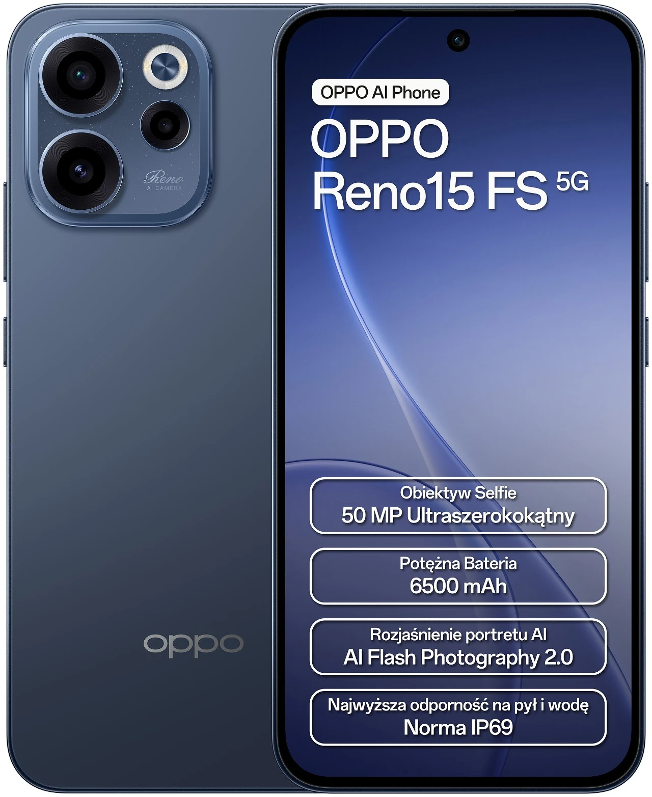 Nowoczesny smartfon Oppo Reno15 FS 5G w kolorze grafitowym, z trzema aparatami na tylnej obudowie oraz dużym wyświetlaczem, na którym widoczne są kluczowe parametry telefonu, takie jak ultraszerokokątny obiektyw selfie 50 MP, bateria o pojemności 6500 ...