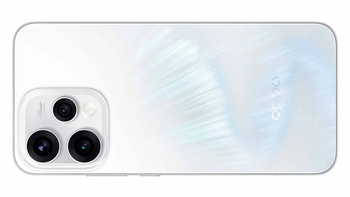 Biały telefon Oppo z trzema aparatami i logo producenta, powierzchnia tylnego panelu połyskuje delikatnymi refleksami.