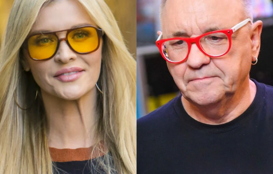 Joanna Krupa pilnie zareagowała ws. WOŚP Dwie osoby widoczne w bliskim kadrze, obie noszą okulary o wyrazistych oprawkach, kobieta po lewej ma długie blond włosy i żółte szkła w okularach, mężczyzna po prawej ma krótkie siwe włosy i czerwone oprawki
