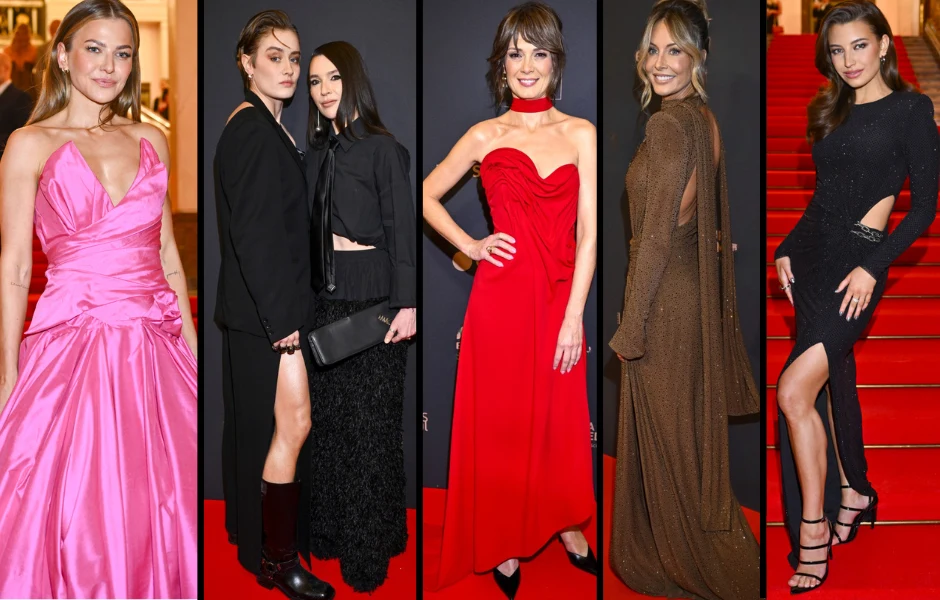 Pięć kobiet ubranych w efektowne suknie wieczorowe pozujących osobno na tle czerwonego dywanu, każda z nich prezentuje inną stylizację i kolor kreacji, atmosfera elegancka i wyraźnie związana z wydarzeniem o charakterze galowym.