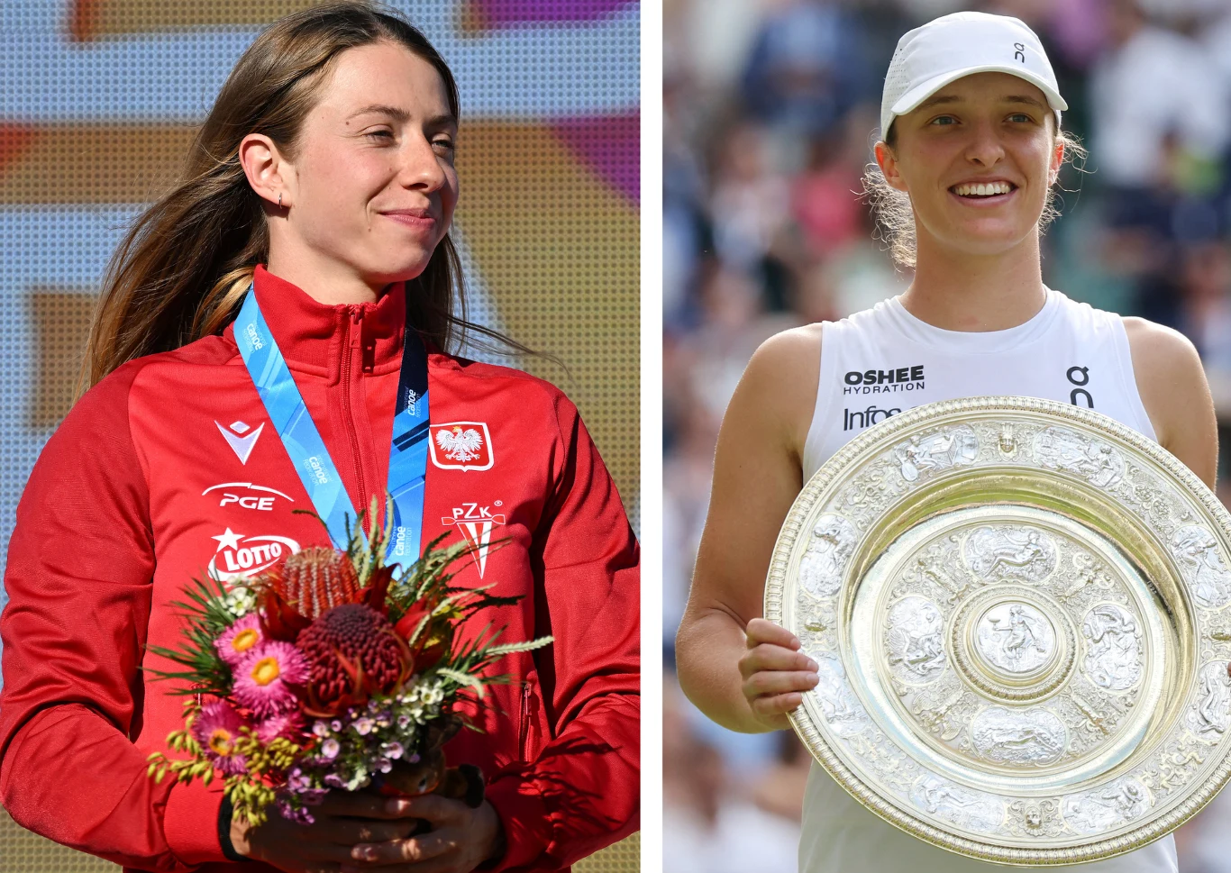 Klaudia Zwolińska i Iga Świątek Dwie kobiety w różnych sytuacjach sportowych, po lewej kobieta w czerwonym stroju reprezentacyjnym z medalem i bukietem kwiatów, po prawej kobieta w białym stroju sportowym z trofeum tenisowym.