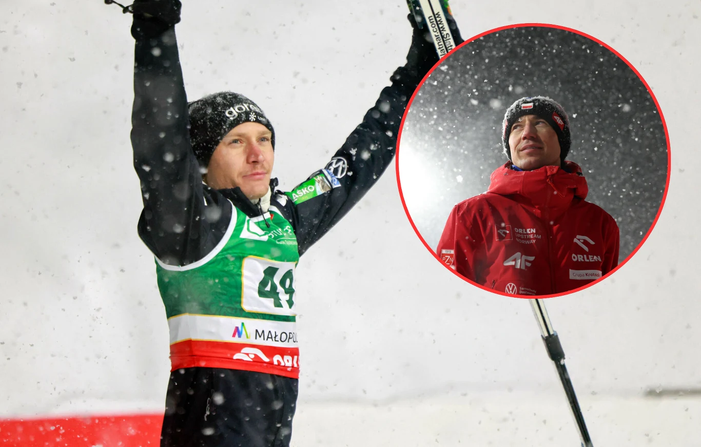 Anze Lanisek pokazał wielką klasę Mężczyzna ubrany w sportowy strój z numerem startowym unosi ręce w geście triumfu podczas zawodów narciarskich, w tle pada śnieg. W okrągłym wstawieniu zbliżenie na inną postać w czerwonej kurtce, z czapką i logotypami sponsorów.