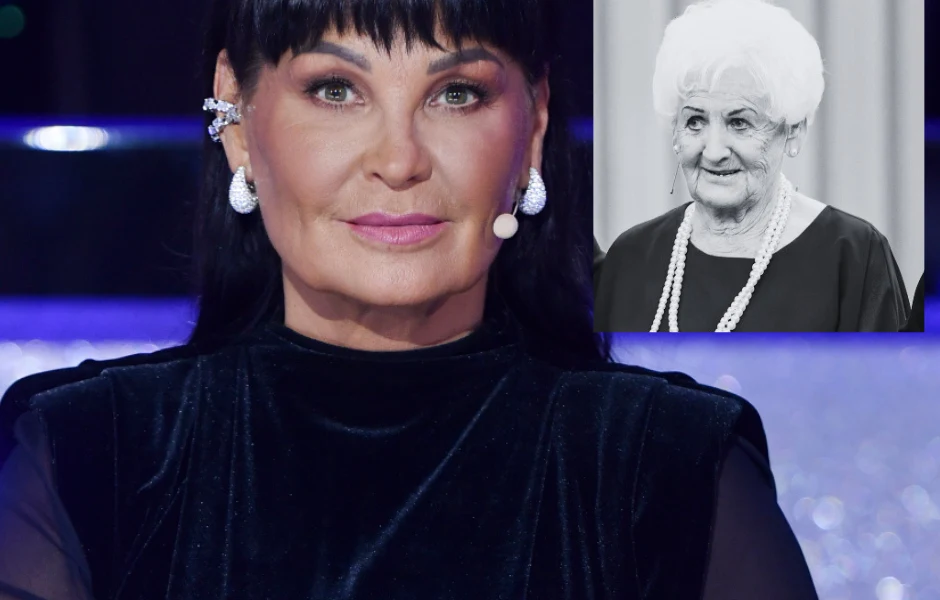 Nie żyje mama Iwony Pavlović Kobieta z ciemnymi włosami i makijażem, ubrana w elegancką, aksamitną suknię, siedzi na tle błyszczącej scenografii. Przy uchu widoczna ozdoba. W rogu zdjęcia widoczne jest czarno-białe zdjęcie starszej kobiety z białymi włosami, w naszyjniku z pereł, ...