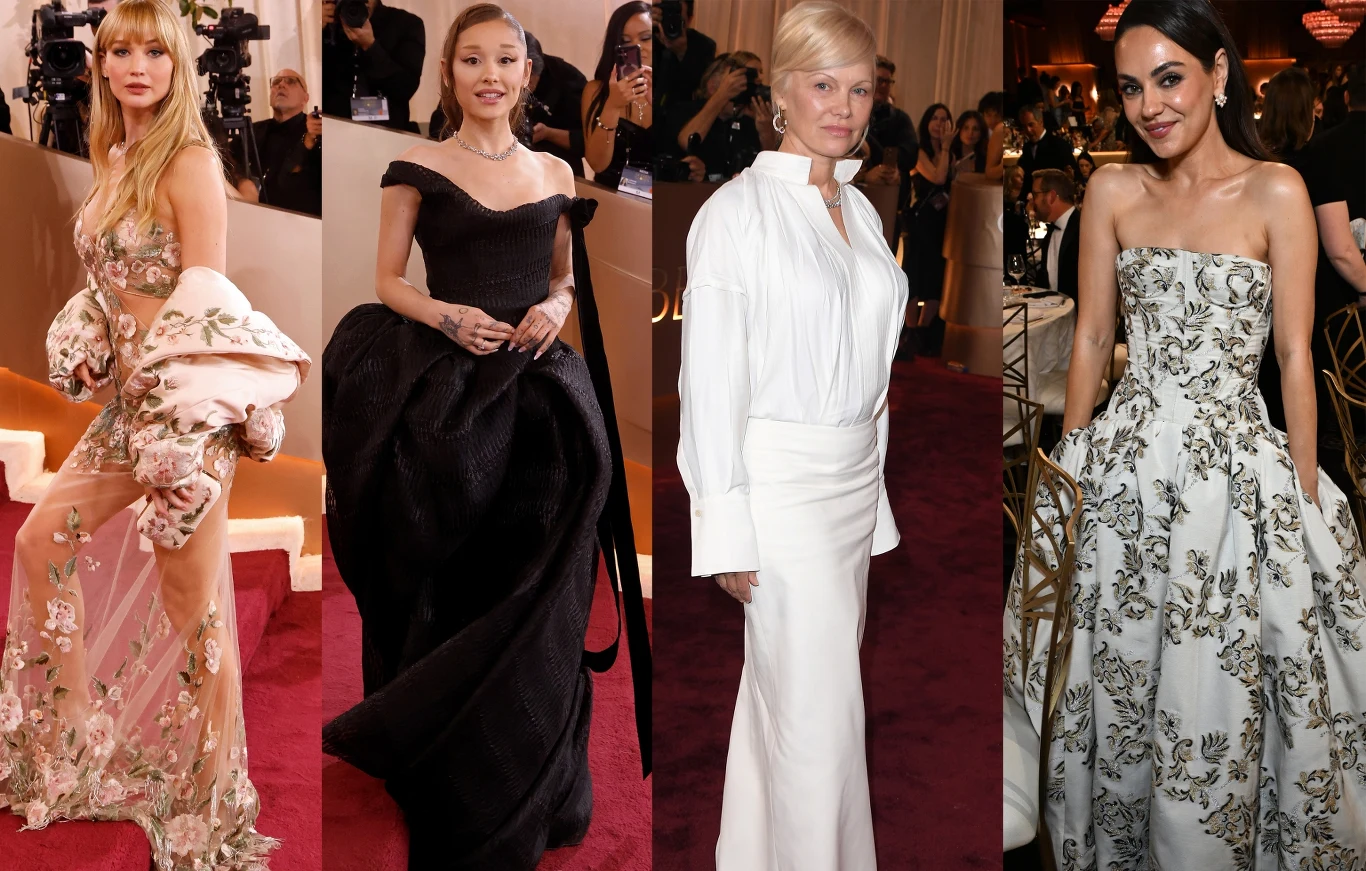 Cztery kobiety stojące na czerwonym dywanie podczas gali, ubrane w efektowne wieczorowe suknie w różnych stylach, tło wypełniają światła i osoby towarzyszące wydarzeniu.