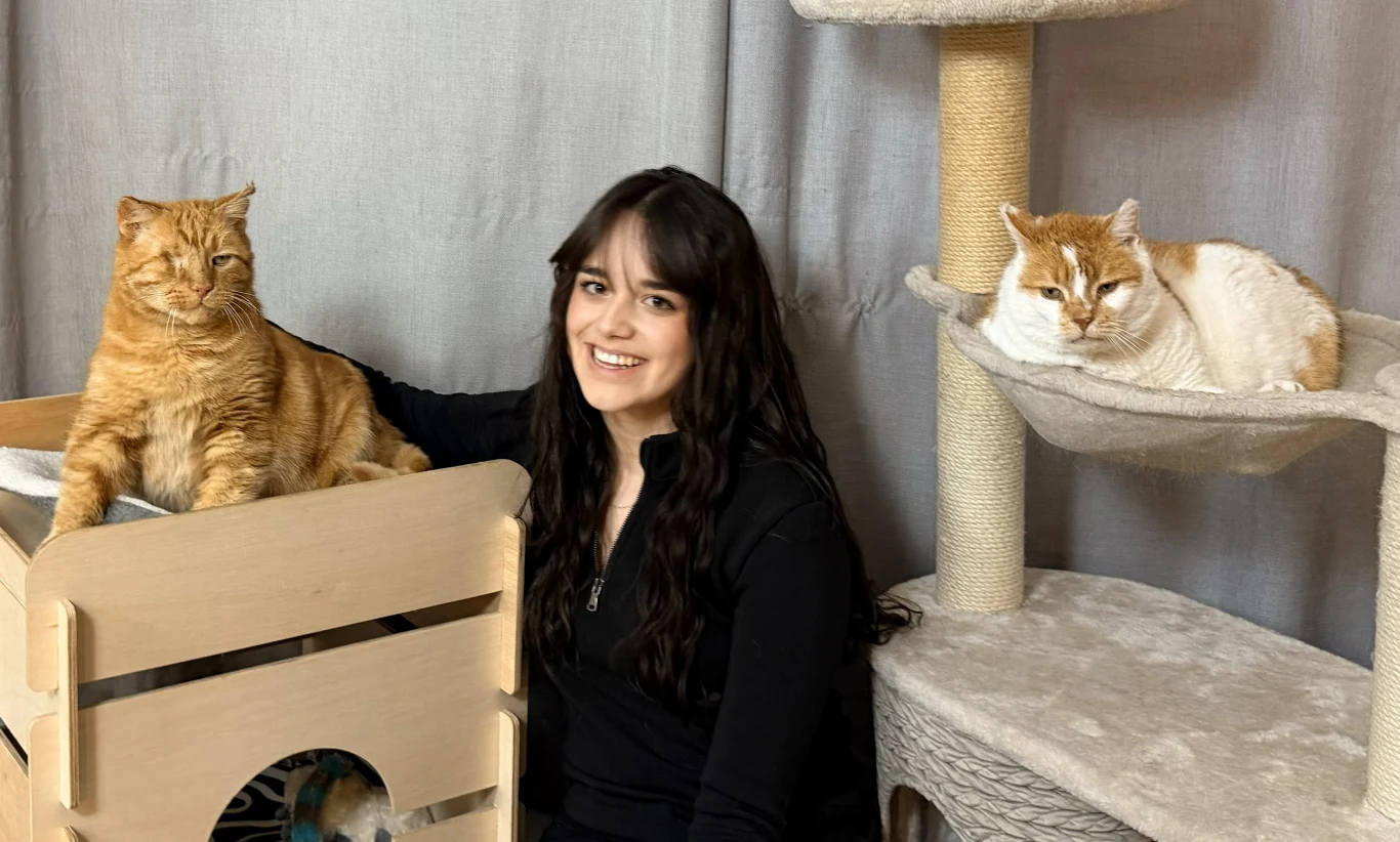 Ich historie wzruszają, dają nadzieję, ale też pokazują, jak wiele potrzebujących, bezdomnych kotów jest w Polsce Młoda kobieta z długimi, ciemnymi włosami siedzi obok dwóch rudych kotów, z których jeden leży na drewnianym meblu, a drugi odpoczywa na pluszowej półce drapaka dla kota. W tle znajduje się szara zasłona.