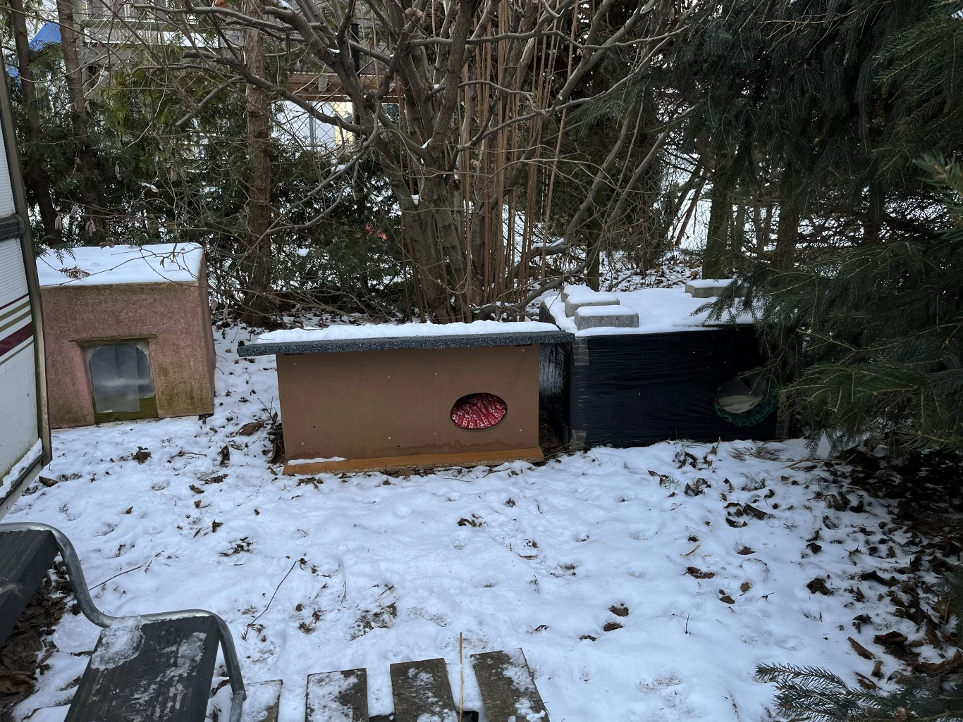 Budki dla kotów mogą uratować im życie zimą Dwie budy dla zwierząt ustawione w ośnieżonym ogrodzie, jedna z zauważalną różową poduszką w środku, otoczone drzewami i krzakami, widoczne ślady śniegu na ziemi oraz fragmenty starej ławki i palety.