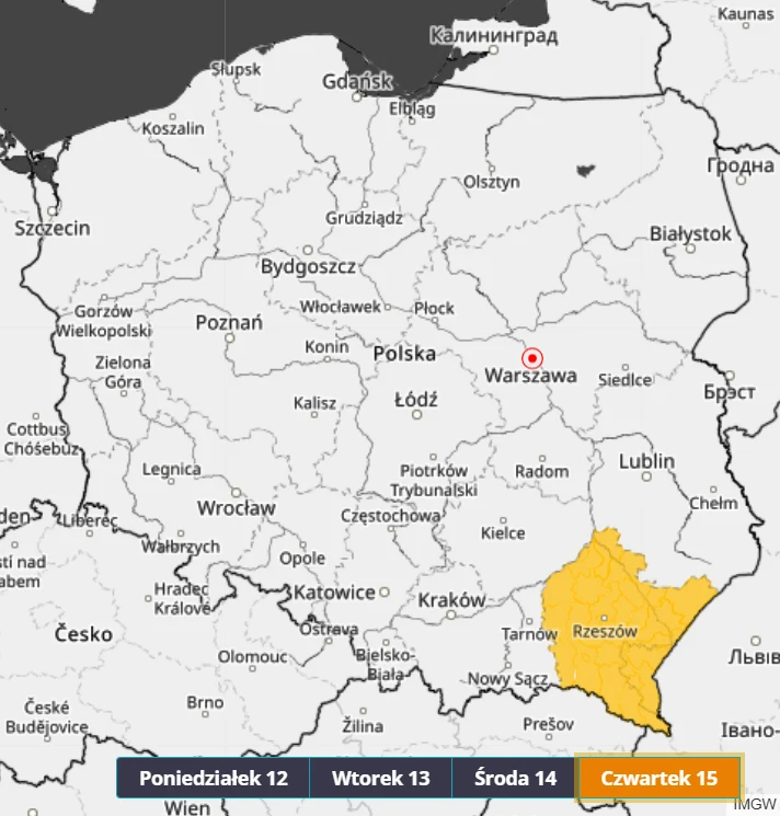 Mapa Polski z zaznaczonym na żółto południowo-wschodnim regionem wokół Rzeszowa, co wskazuje na ostrzeżenie pogodowe na czwartek 15. Białe tło, zaznaczone granice województw oraz główne miasta.