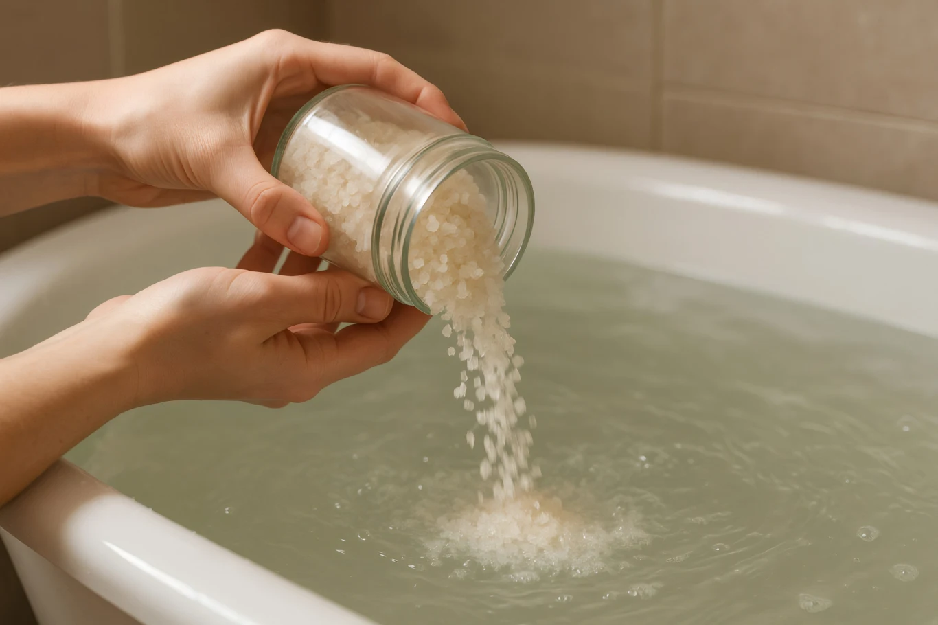 Ręce wsypujące kryształki soli do przezroczystej wody w wannie, jasne tło i spokojna atmosfera domowej łazienki.