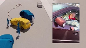 Na zdjęciu po prawej Renee Good w momencie interwencji ICE (fot. AFP), po lewej kadr z symulacji CNN, pokazującej jak zachowywała się kierująca SUVE-em kobieta