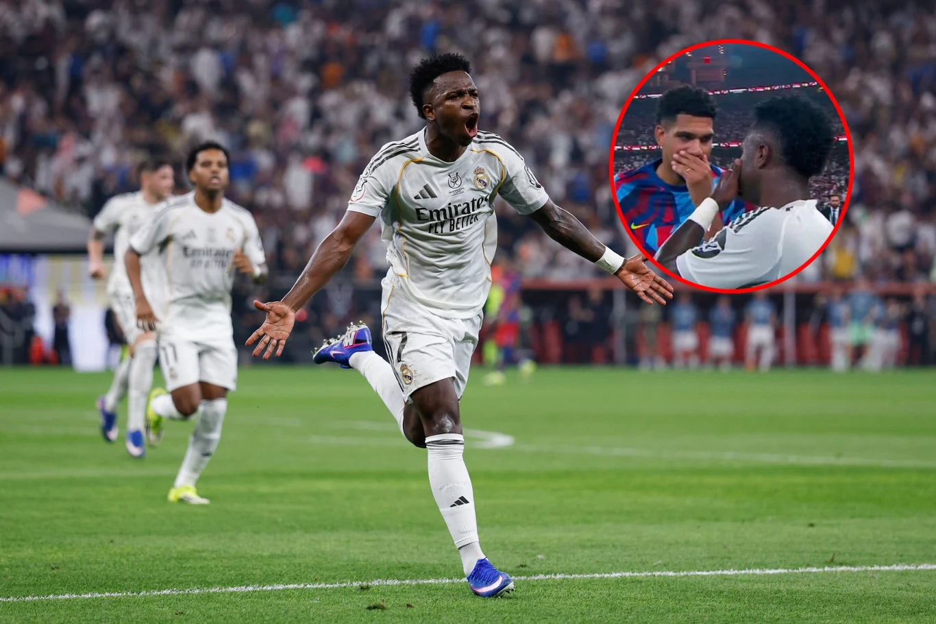 Vinicius i Ronald Araujo Piłkarz Realu Madryt świętuje zdobycie bramki na tle stadionu pełnego kibiców, w tle kilku innych zawodników podczas biegu, w prawym górnym rogu wstawka przedstawiająca rozmowę dwóch piłkarzy.