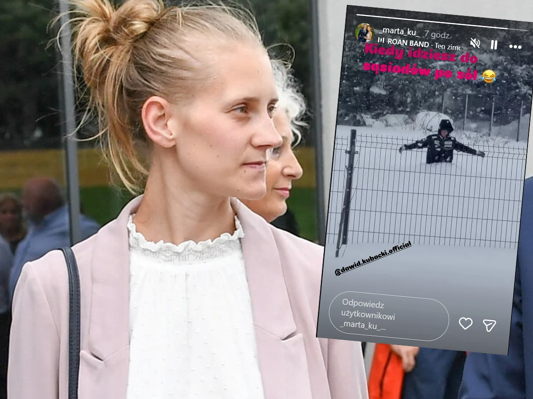 Młoda kobieta w jasnej marynarce odwrócona w bok, z widocznym profilem twarzy, na tle kilku osób w rozmytym planie dalszym. W prawym górnym rogu dodana zrzutka ekranu z mediów społecznościowych ukazująca osobę w czarnej kurtce stojącą za ogrodzeniem, z...