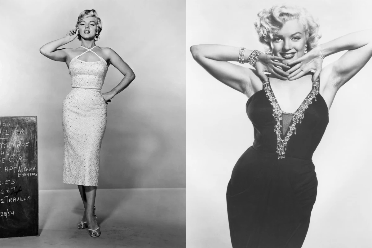 Kobieta o blond włosach ubrana w eleganckie, dopasowane suknie, pozująca w dwóch różnych pozycjach, w jednym ujęciu na tle tablicy, w drugim z szerokim uśmiechem i rękami za głową.