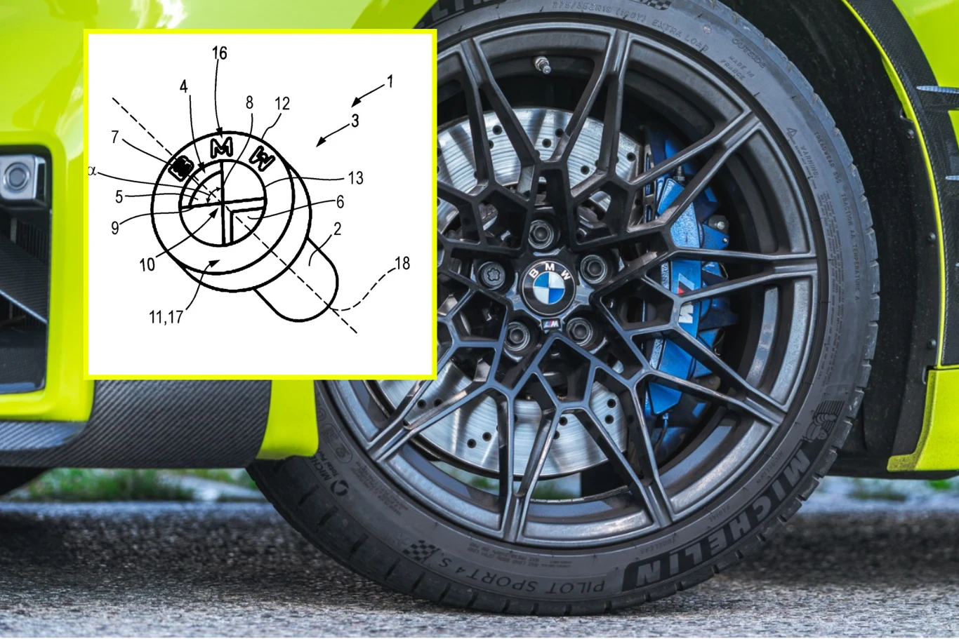 BMW zaprezentowało nową śrubę. / Fot. materiał zewnętrzny - dokumentacja patentowa Koło sportowego samochodu marki BMW z widoczną niebieską zaciskiem hamulca i oponą Michelin, z nałożonym rysunkiem technicznym ukazującym szczegół budowy elementu mechanicznego.