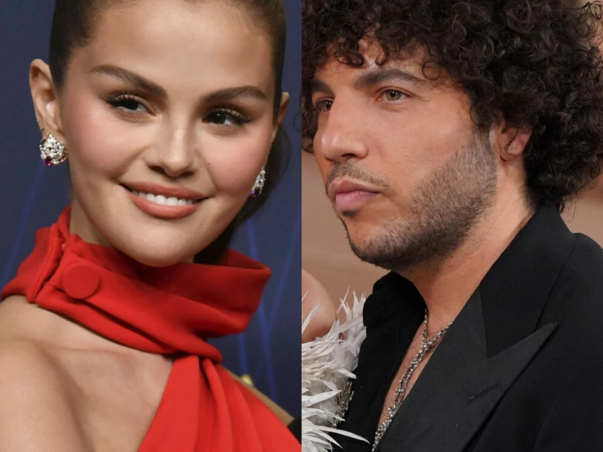 Selena Gomez, Benny Blanco Dwie osoby uwiecznione w portretowym kolażu, po lewej kobieta z upiętymi włosami, w czerwonej sukni z ozdobnymi kolczykami, po prawej mężczyzna z ciemnymi, kręconymi włosami ubrany elegancko na czarno.