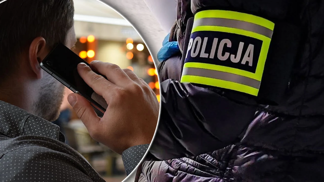 53-latek "żartował", że zabił żonę Mężczyzna rozmawiający przez telefon komórkowy oraz fragment ramienia osoby w kurtce z napisem 'Policja' na żółtym pasku odblaskowym, zdjęcie podzielone na dwie części kontrastujące przedstawione sytuacje.