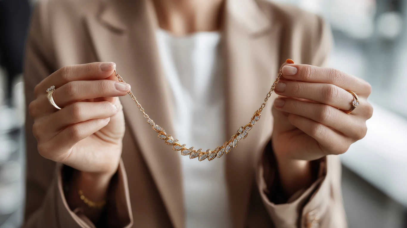 Osoba ubrana w beżową marynarkę trzyma w rękach delikatny, złoty naszyjnik ozdobiony kamieniami. Tło pozostaje rozmyte, skupiając uwagę na biżuterii.