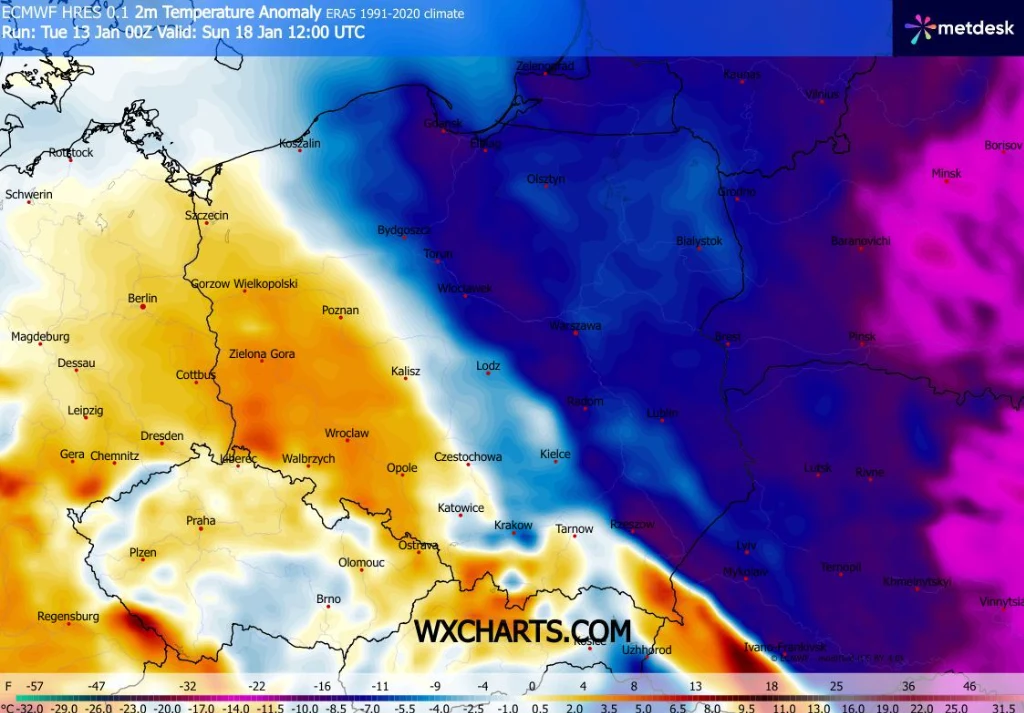 Na aktualnym wykresie anomalii temperatur pod koniec tygodnia widać, że strefa chłodnego powietrza z północnego wschodu znowu zacznie się powiększać Kolorowa mapa anomalii temperatury powietrza w Europie Środkowej z wyraźnym podziałem na strefę bardzo niskich temperatur na wschodzie i południu oraz cieplejszych wartości na zachodzie Polski i w Niemczech. Odcienie fioletu i niebieskiego obrazują zna...