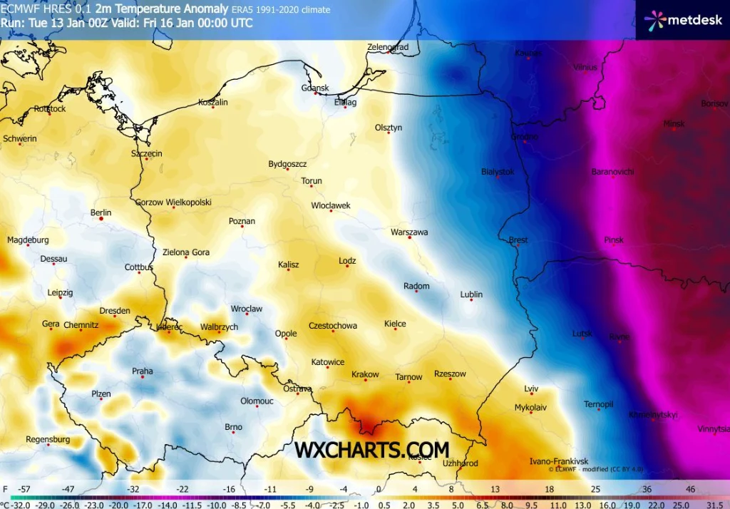 W ciągu najbliższych kilku dni w większości kraju doświadczymy ocieplenia. Najzimniej cały czas będzie na północnym wschodzie Mapa z kolorystycznymi oznaczeniami anomalii temperatury w Europie Środkowej, szczególnie uwidoczniona granica strefy chłodnej na wschodzie Polski oraz cieplejsze obszary na zachodzie kraju. Widoczne nazwy polskich miast i granice państw.