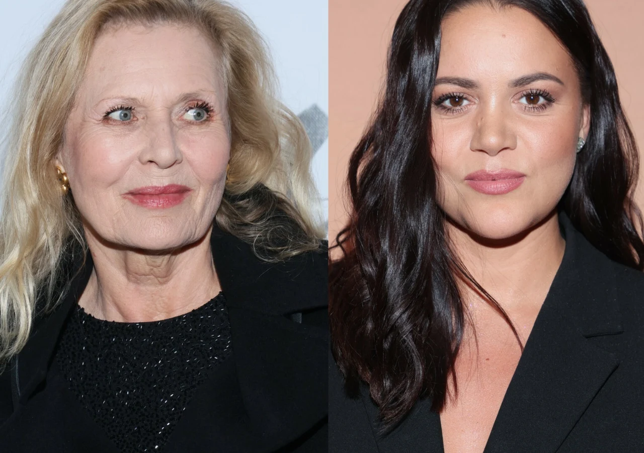 Grażyna Szapołowska, Dominika Gawęda Dwie kobiety w średnim i dojrzałym wieku, ubrane elegancko, patrzą w różnych kierunkach; po lewej kobieta blond o jasnej karnacji, po prawej brunetka o ciemnych włosach i śniadej cerze.