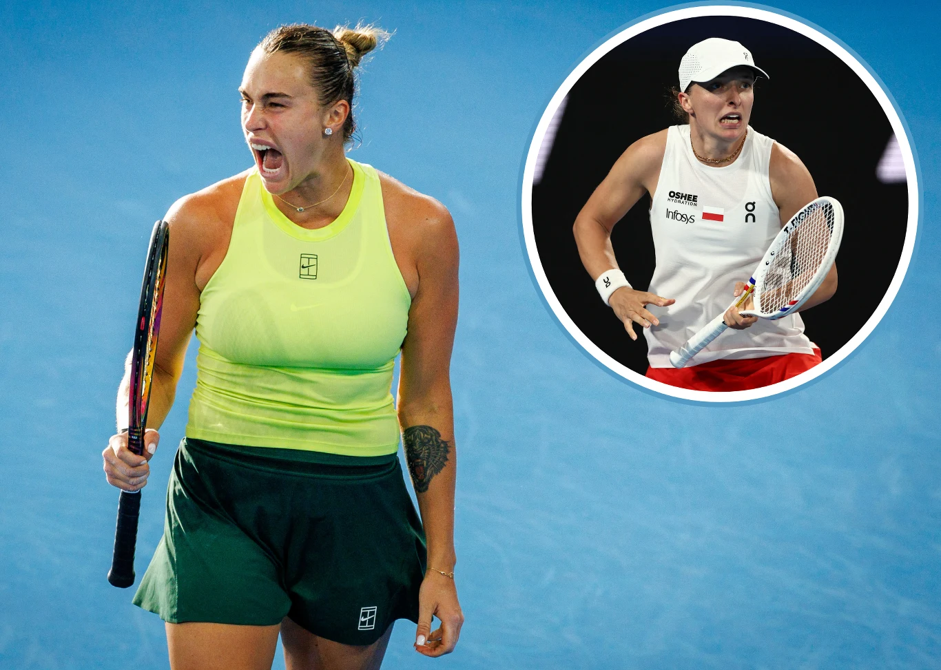 Aryna Sabalenka oraz Iga Świątek Dwie tenisistki podczas meczu na korcie, jedna w żółtym topie i zielonej spódnicy, wyrażająca silne emocje, druga ukazana w okrągłym kadrze z rakietą w dłoni, ubrana w białą koszulkę i czerwoną spódnicę.