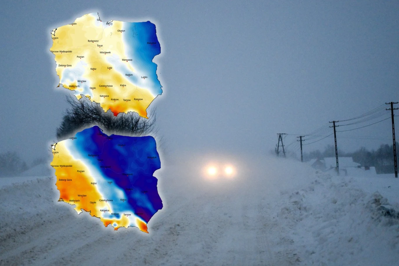 Najbliższe dni upłyną pod znakiem wyraźnego ocieplenia z odwilżą i gołoledzią w wielu miejscach. Pod koniec tygodnia wróci "prawdziwa" zima - wynika z prognozy IMGW Zasypana śniegiem droga z ledwo widocznymi światłami samochodu podczas intensywnej zamieci, w lewym górnym rogu wyraźna mapa Polski z kolorową prognozą pogody przedstawiającą rozkład opadów lub temperatur.