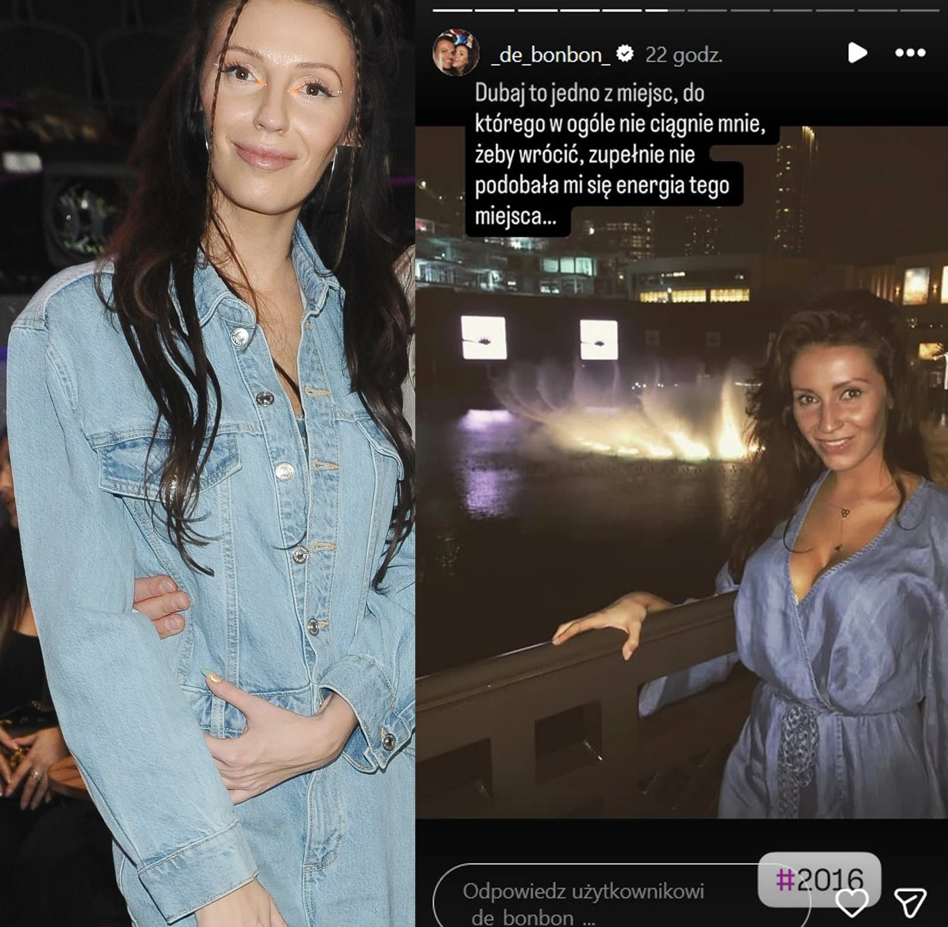 Kobieta w jasnym dżinsowym kombinezonie pozuje do zdjęcia w pomieszczeniu, druga fotografia przedstawia tę samą kobietę w niebieskiej sukience stojącą na tle nocnej panoramy z podświetloną fontanną na tle miejskich świateł.