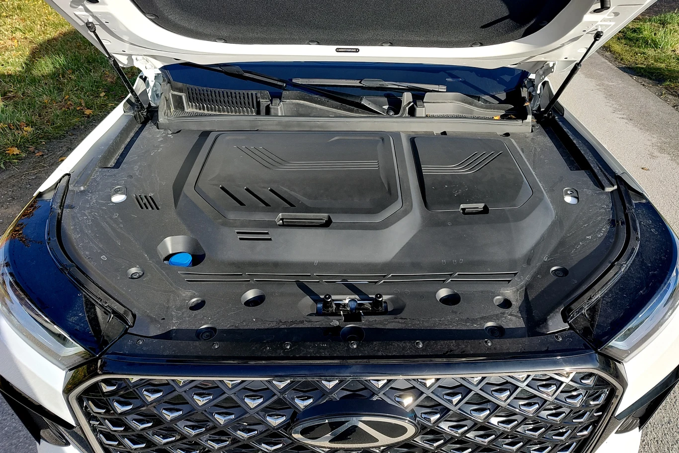 Komora silnika samochodu z otwartą maską, centralnie widoczna pokrywa silnika o nowoczesnym designie, wokół osłona plastikowa oraz kilka elementów technicznych, na pierwszym planie szeroka krata wlotu powietrza.