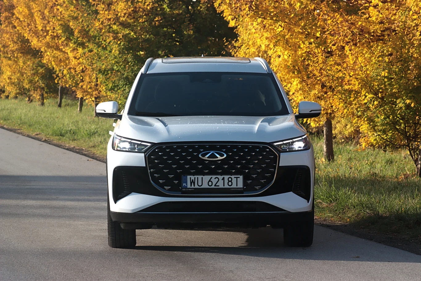 Nowoczesny biały SUV Chery Tiggo 8 PRO na asfaltowej drodze otoczonej drzewami o złotych, jesiennych liściach, uchwycony od frontu.