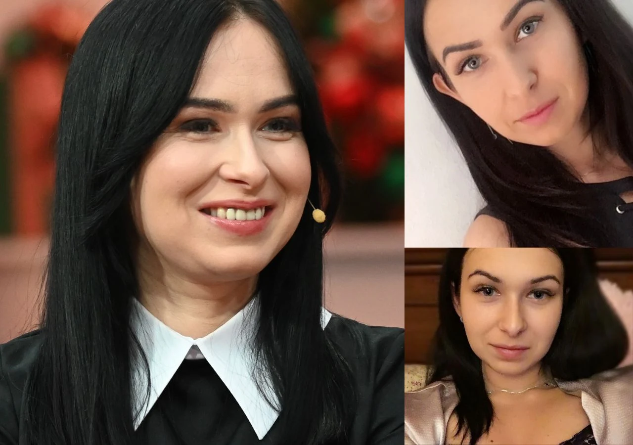 Trzy kobiety o ciemnych włosach, zbliżenia ich twarzy, uśmiechnięte lub z neutralnym wyrazem. Po lewej kobieta w formalnym stroju z białym kołnierzykiem, po prawej dwie kobiety na osobnych zdjęciach, jedna na jasnym tle, druga na tle łóżka.