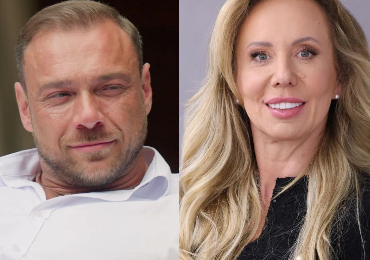 "Żona dla Polaka". Marcin i Dorota Portrety dwóch dorosłych osób, mężczyzny o krótkich włosach i zarostem, ubranego w białą koszulę oraz kobiety o długich blond włosach z delikatnym makijażem i uśmiechem. Obie twarze ukazane są na neutralnym tle, zdjęcie podzielone jest na dwie części.