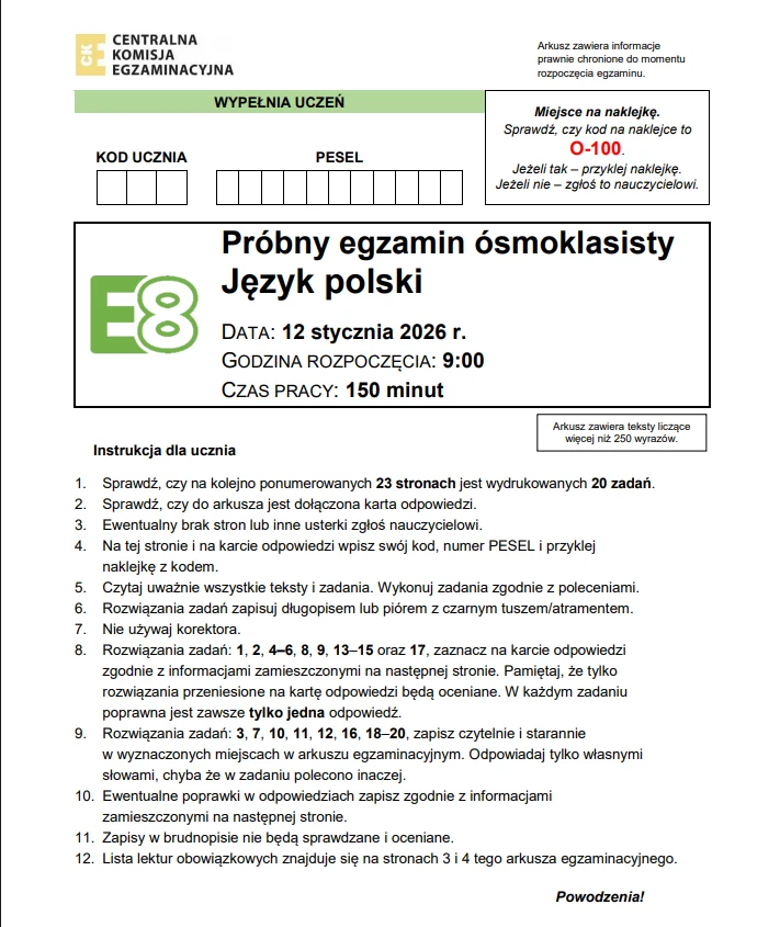Strona tytułowa próbnego egzaminu ósmoklasisty z języka polskiego z informacjami o terminie, czasie trwania, liczbie zadań oraz szczegółowymi instrukcjami dla uczniów dotyczących sposobu wypełniania arkusza i zasad postępowania podczas egzaminu.