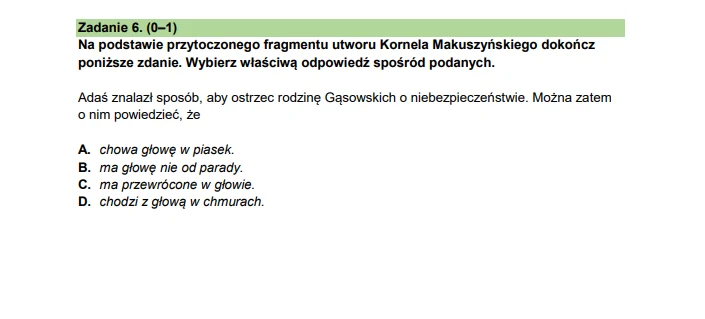 Karta pracy do języka polskiego zawierająca fragment polecenia odnoszący się do utworu Kornela Makuszyńskiego oraz cztery warianty odpowiedzi do wyboru, wyraźnie widoczny tekst zadania i opcje A, B, C, D.