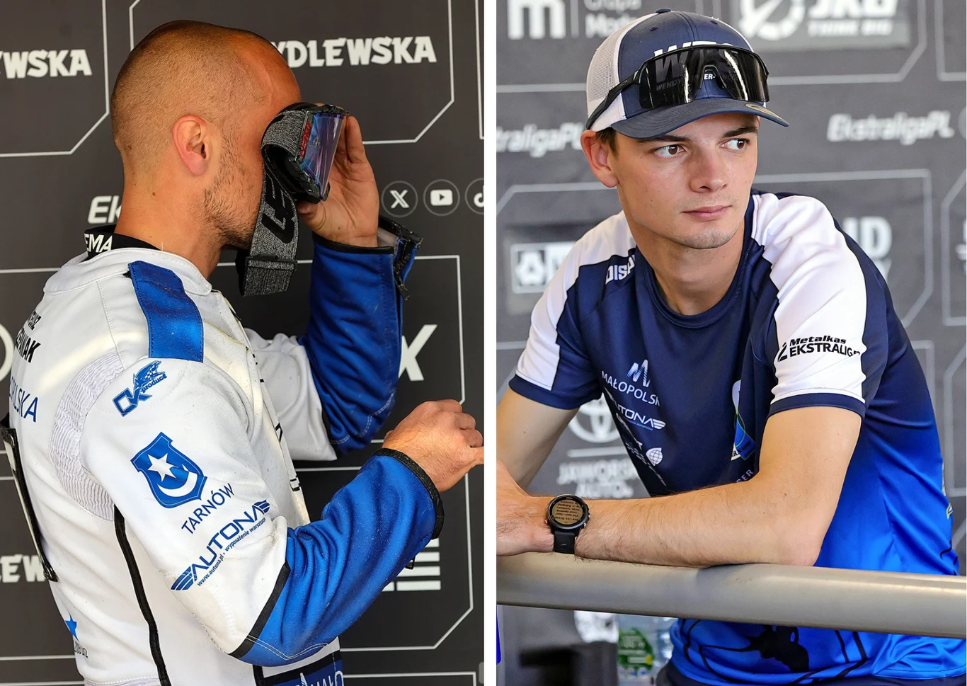 Dwóch mężczyzn w sportowych strojach, jeden z nich zbliża gogle do twarzy, drugi opiera się o barierkę z założonymi okularami przeciwsłonecznymi i czapką z daszkiem.