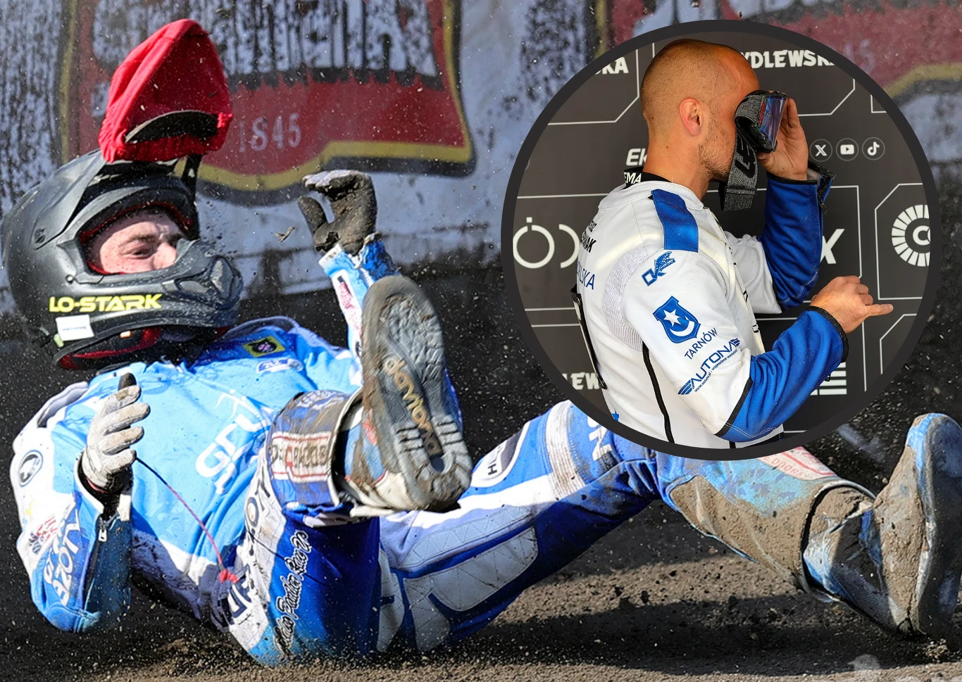 Unia Tarnów na krawędzi. Mają 2 miliony złotych długu. Na spłacenie zostało 48 godzin. Zawodnik żużlowy leży na torze w kombinezonie ochronnym i kasku, otaczają go fragmenty ziemi i bandy stadionu. W okręgu po prawej stronie mężczyzna w sportowej koszulce dotyka głowy rozmawiając przez telefon lub korzystając z urządzenia elektronicznego.