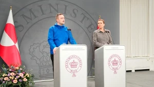 Premier Grenlandii Jens-Frederik Nielsen i premier Danii Mette Frederiksen podczas spotkania w Kopenhadze